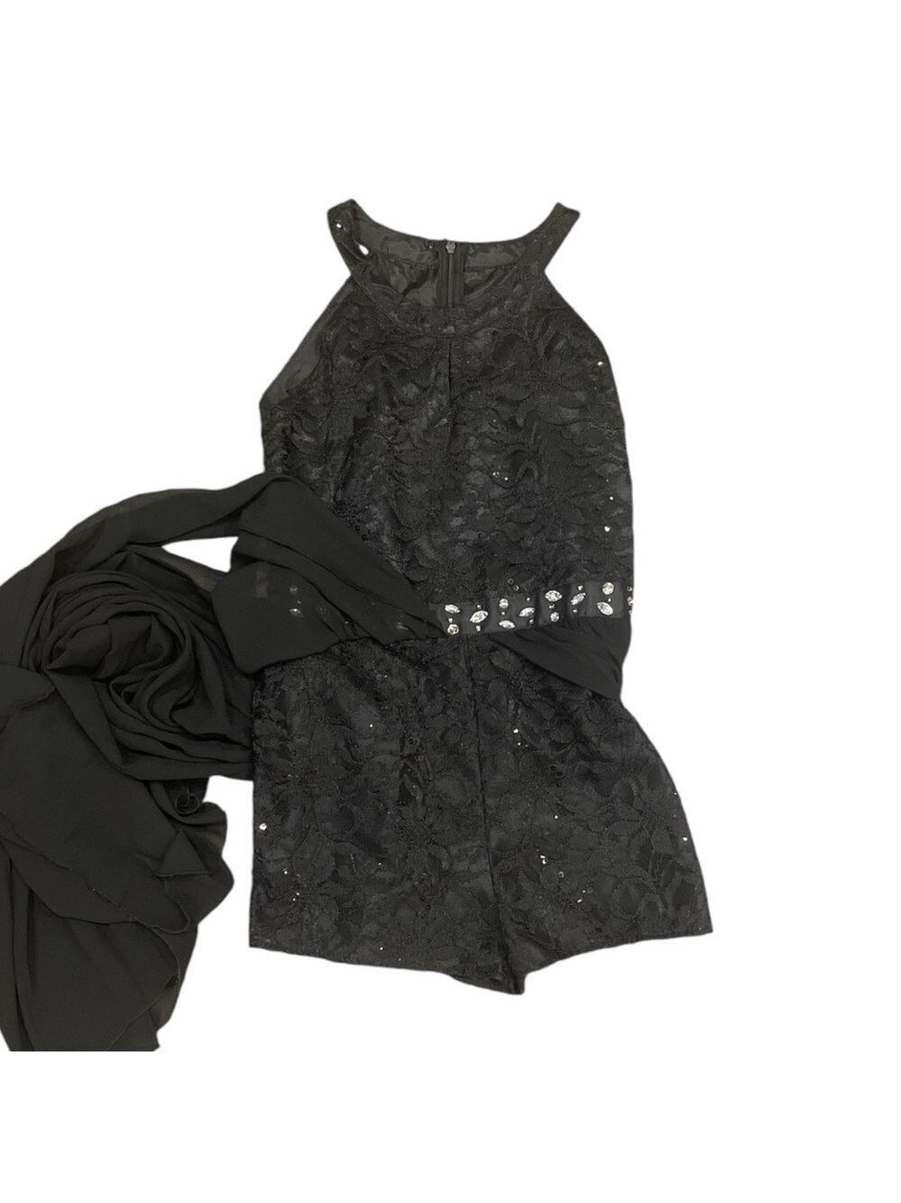 IEFIEL SZ14 (GIRL) dance black sleeveless sequined romper chiffon partial dress
